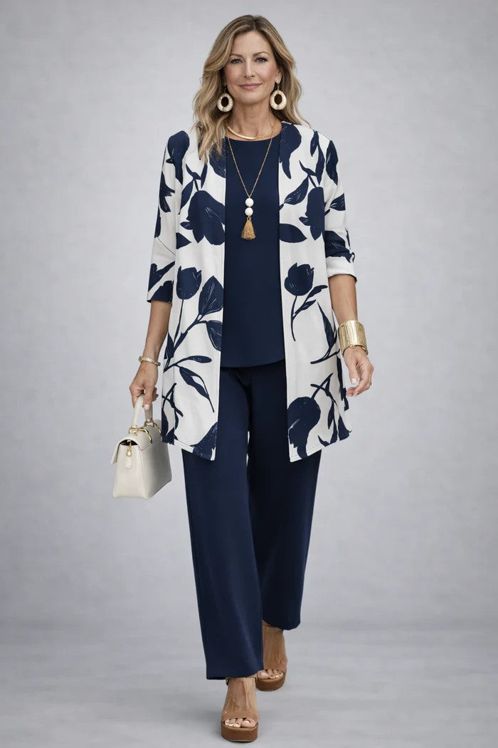 Palm Leaf Print Longline Cardigan Tank and Pants Three Piece Set 8