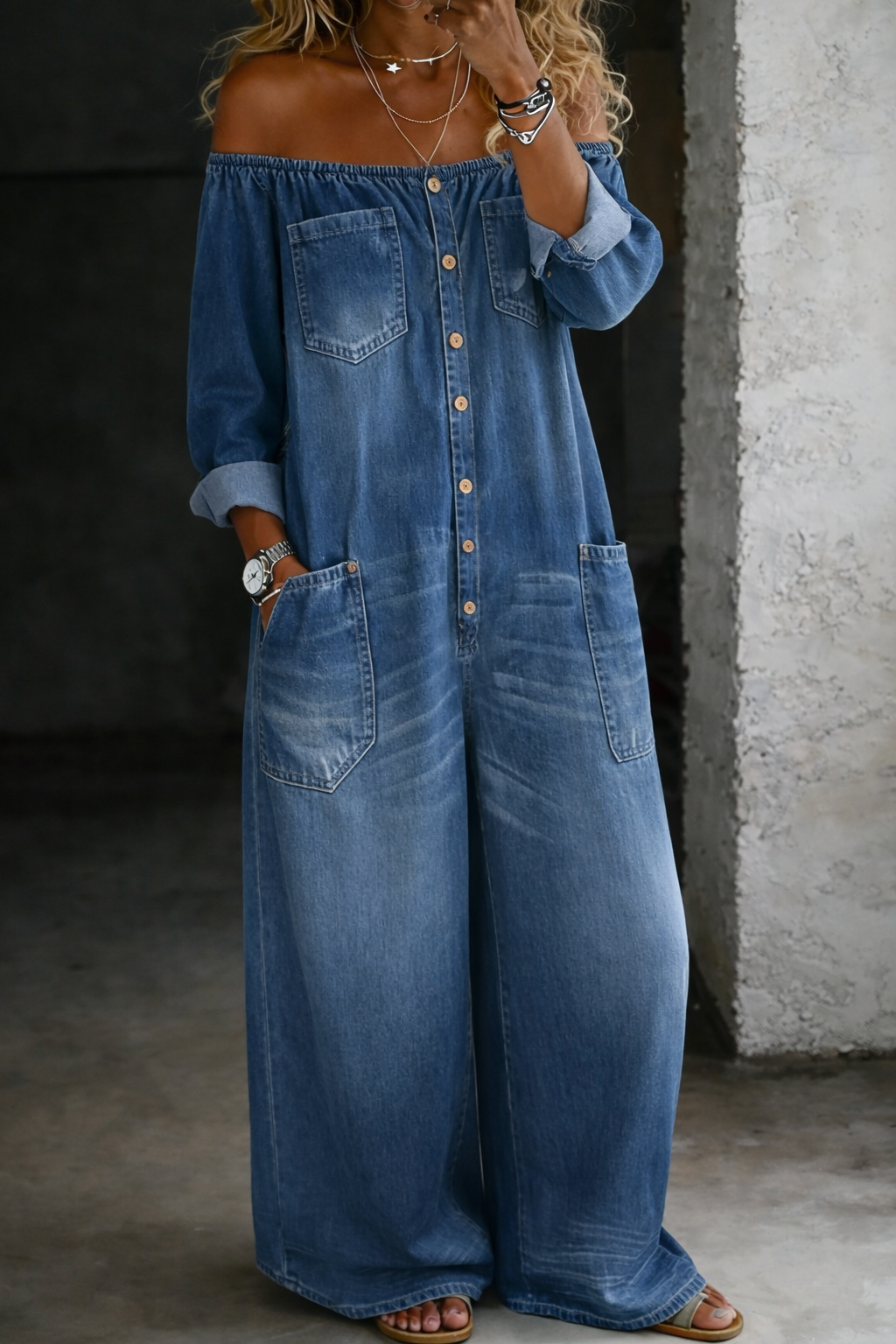 Off Shoulder Button Front Wide Leg Denim Jumpsuit 2