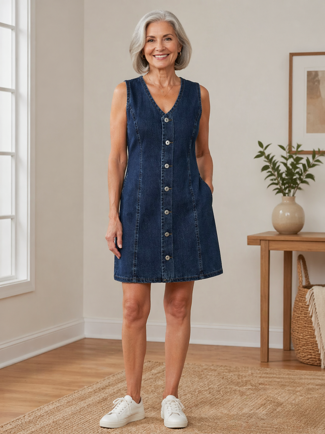 Denim V-Neck Sleeveless Button Front Mini Dress 2