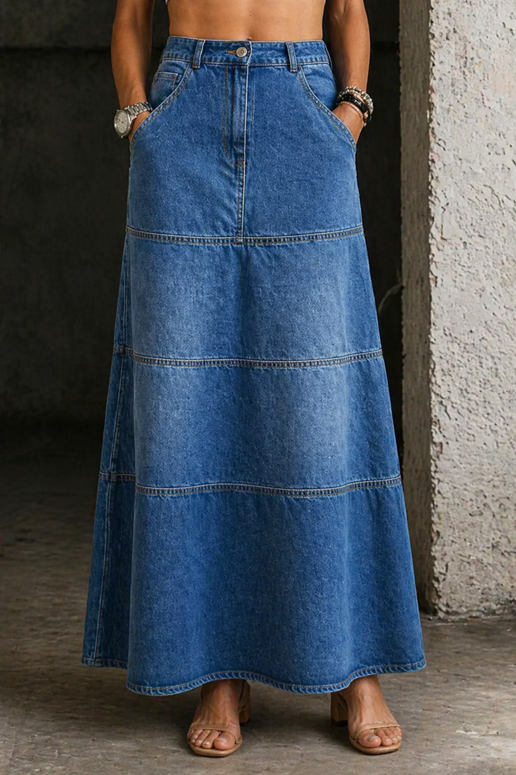 High Waist Tiered A-Line Denim Maxi Skirt 3