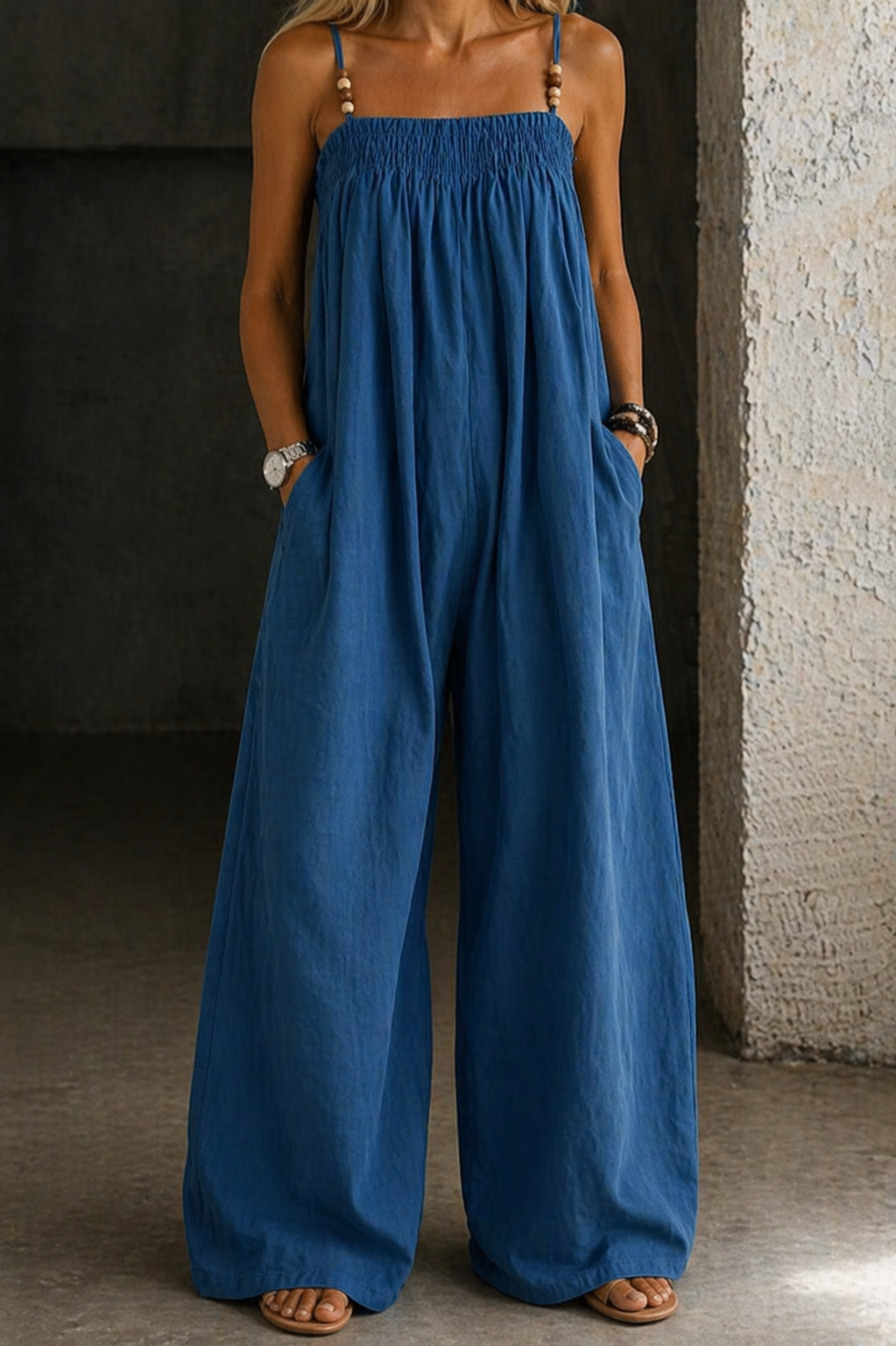 Spaghetti Strap Wide Leg Denim Look Overall Jumpsuit