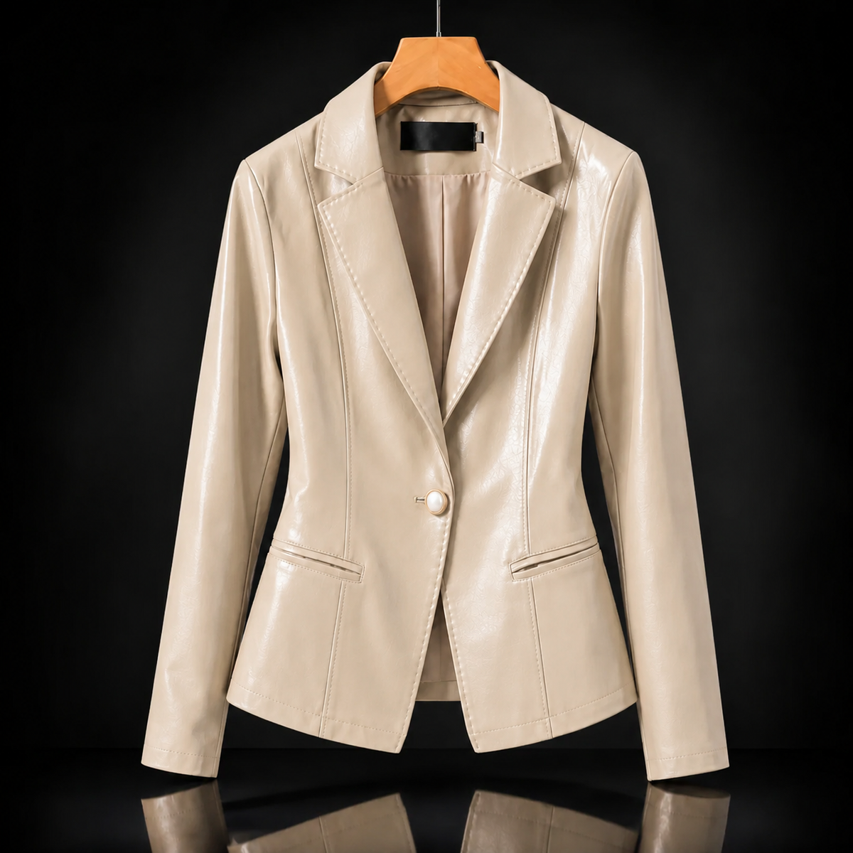 Faux Leather Notch Lapel Single Button Blazer 3