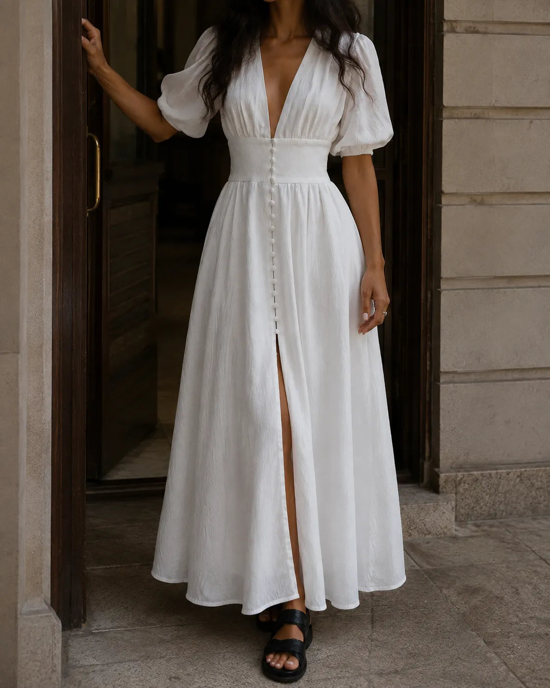 Deep V-Neck Puff Sleeve Button Front High Split Maxi Dress 3