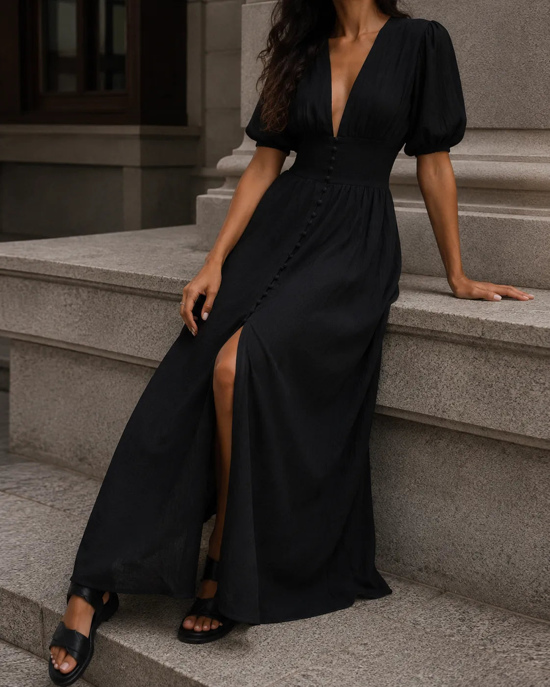 Deep V-Neck Puff Sleeve Button Front High Split Maxi Dress 5