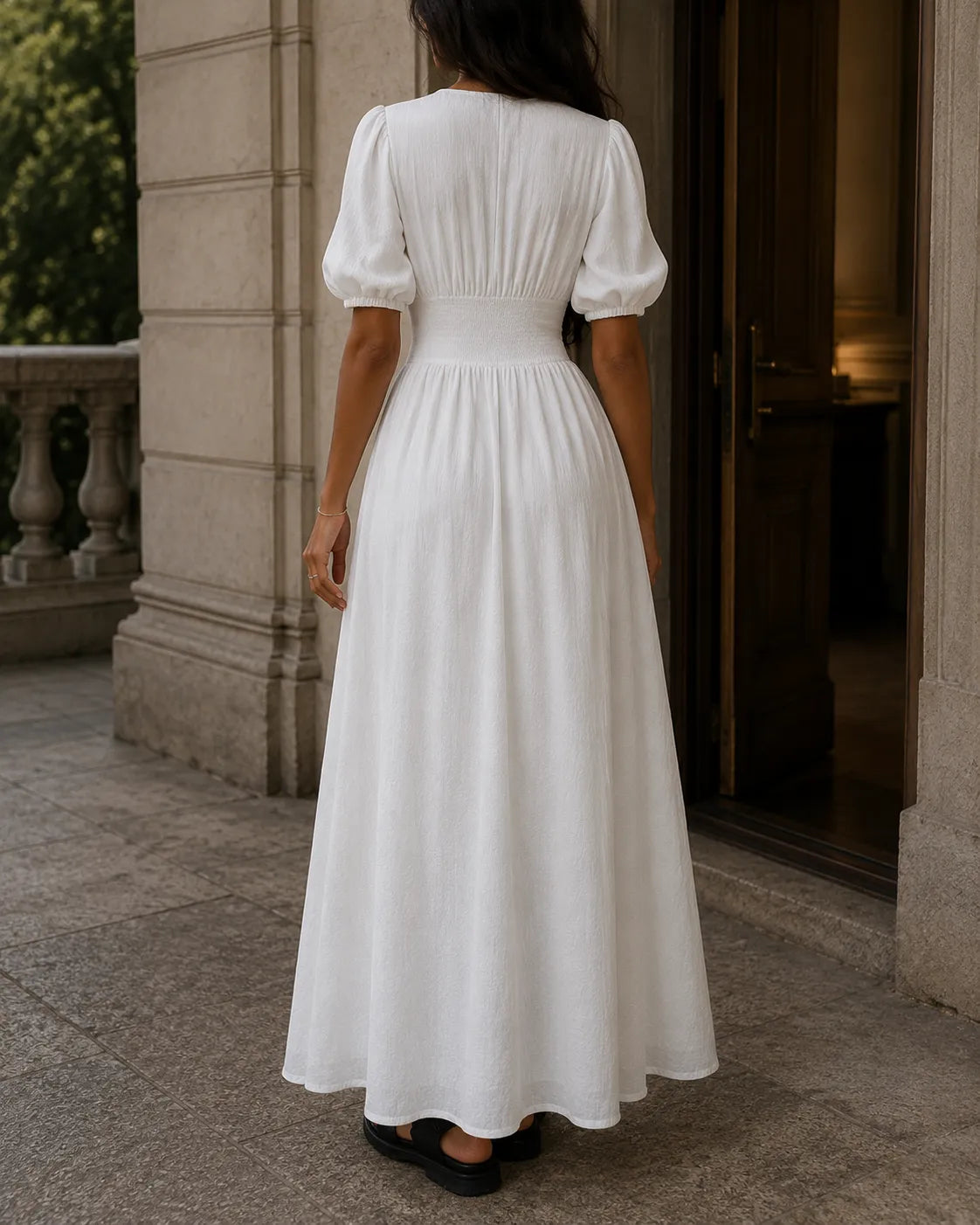 Deep V-Neck Puff Sleeve Button Front High Split Maxi Dress 2