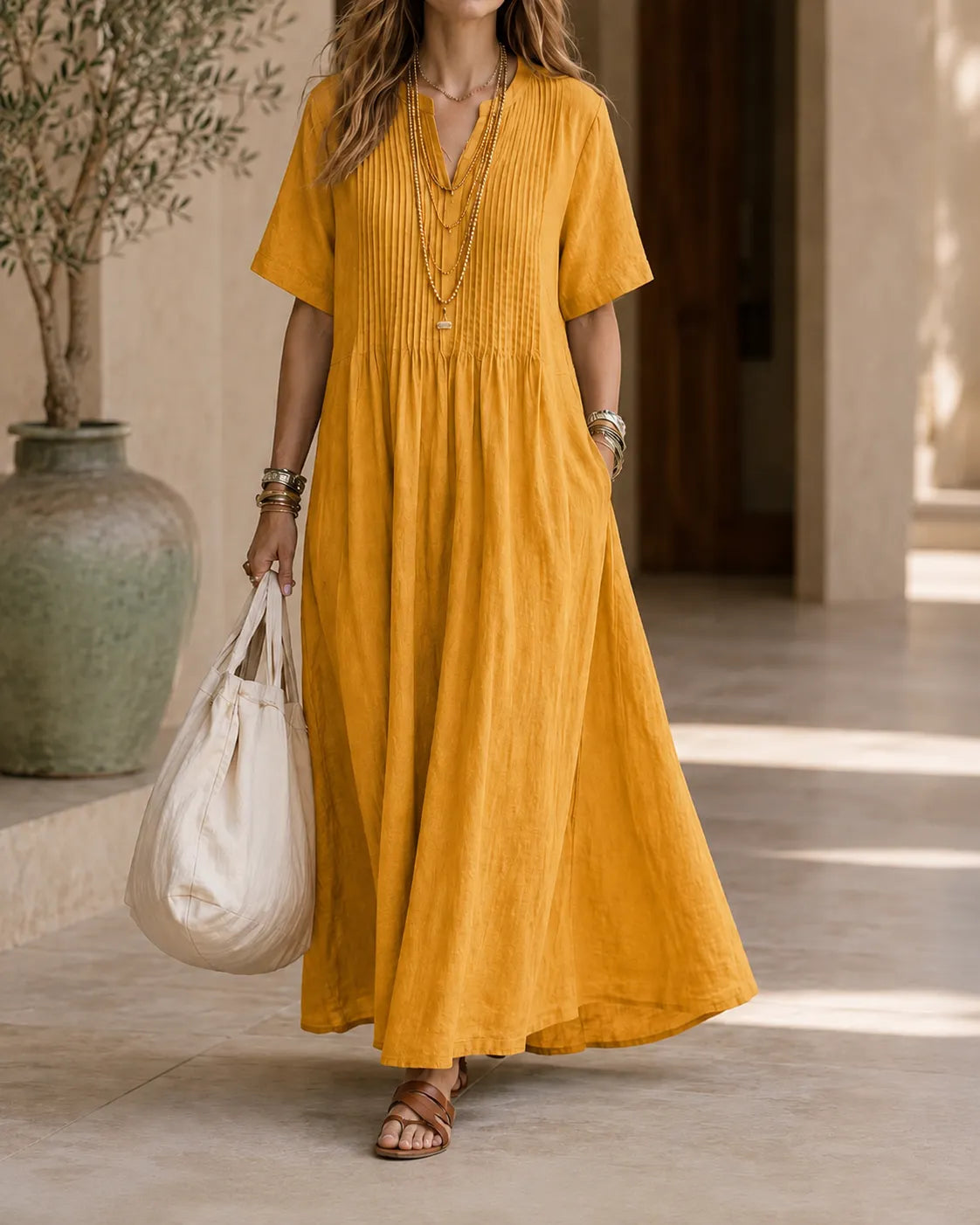 Pintuck Split Neck Short Sleeve Pocket A-Line Maxi Dress 4