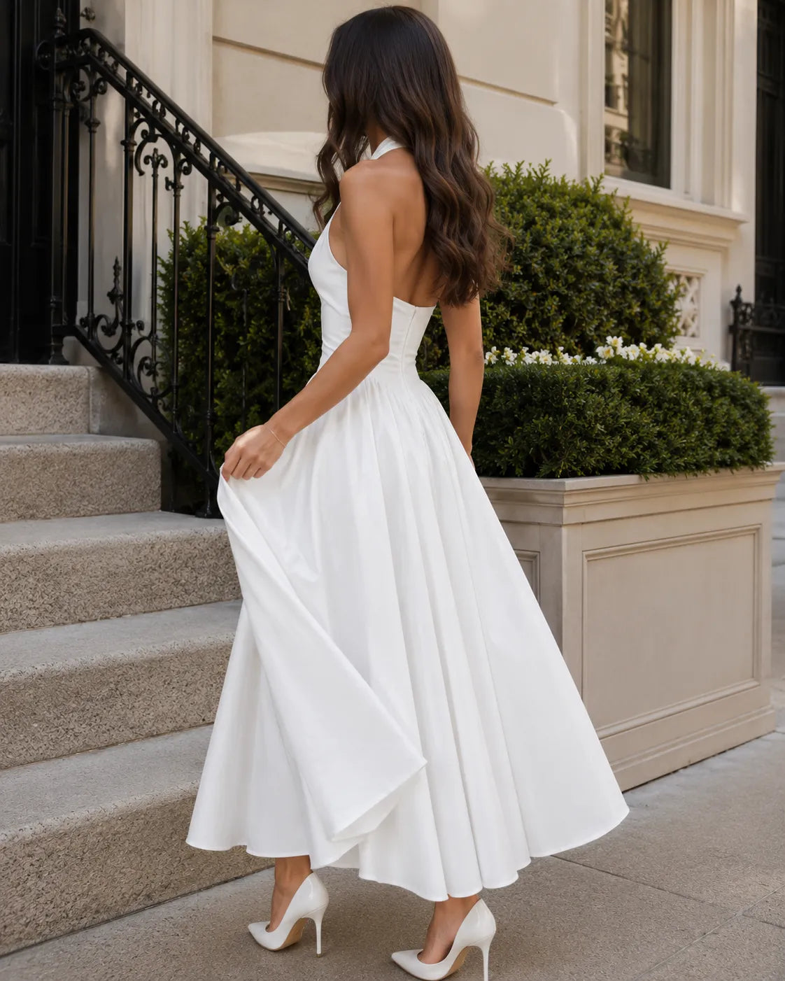 Halter Neck Deep V-Neck Fit and Flare Midi Dress Cocktail 2