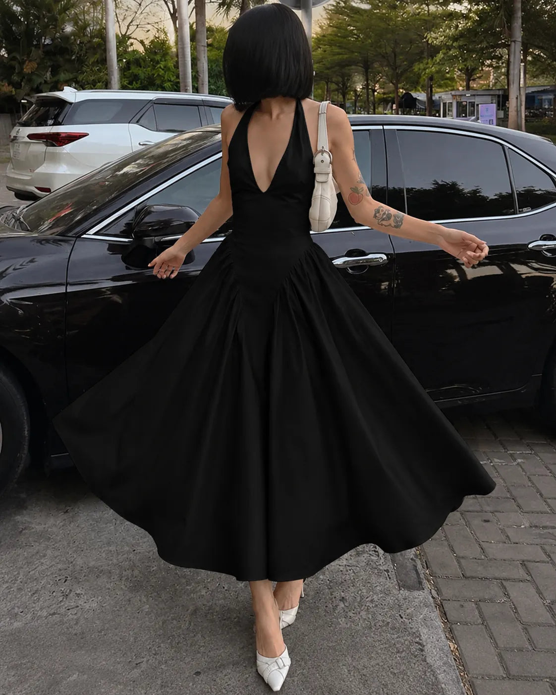Halter Neck Deep V-Neck Fit and Flare Midi Dress Cocktail 4