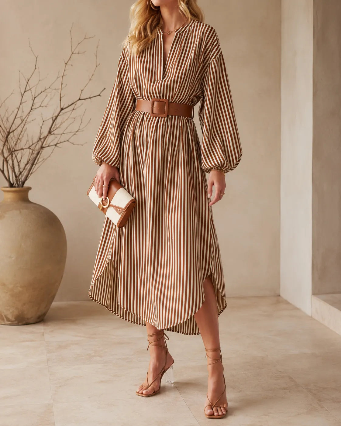 Striped Belted Batwing Sleeve High Low Midi Shirt Dress 2