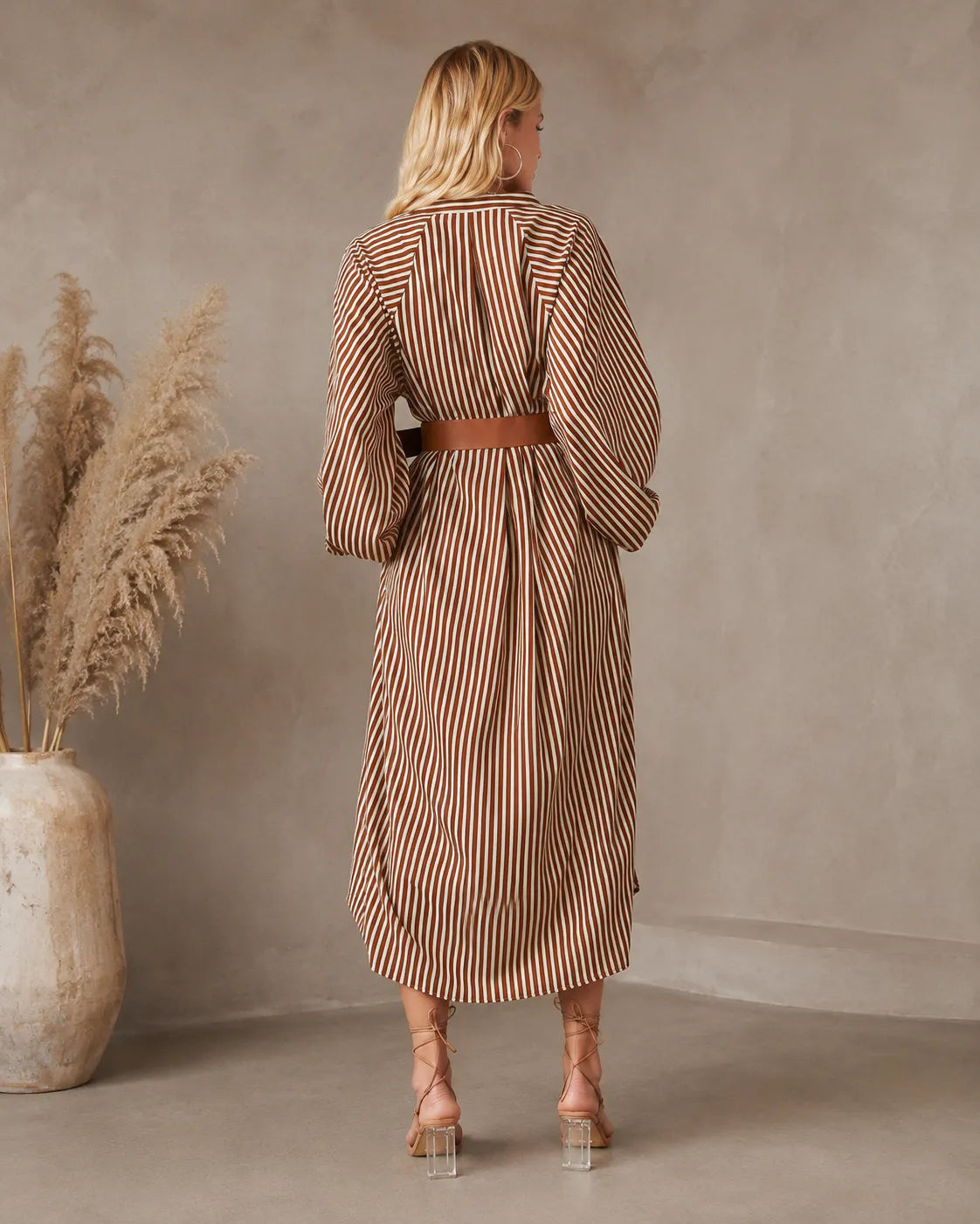 Striped Belted Batwing Sleeve High Low Midi Shirt Dress 3
