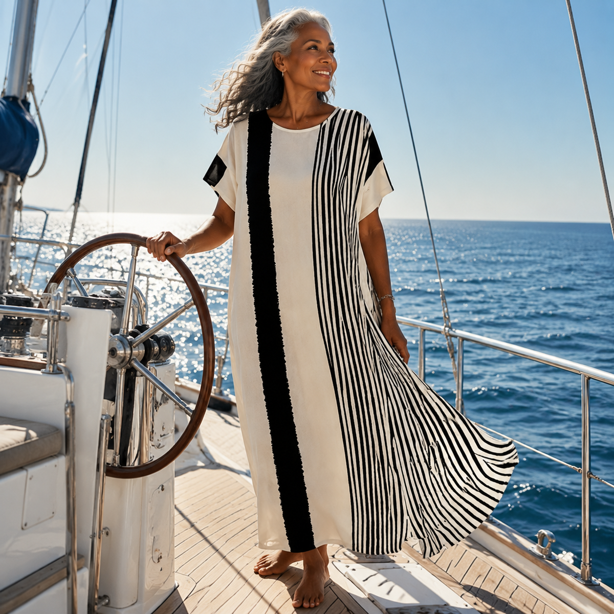 Striped Round Neck Short Sleeve Kaftan Maxi Dress