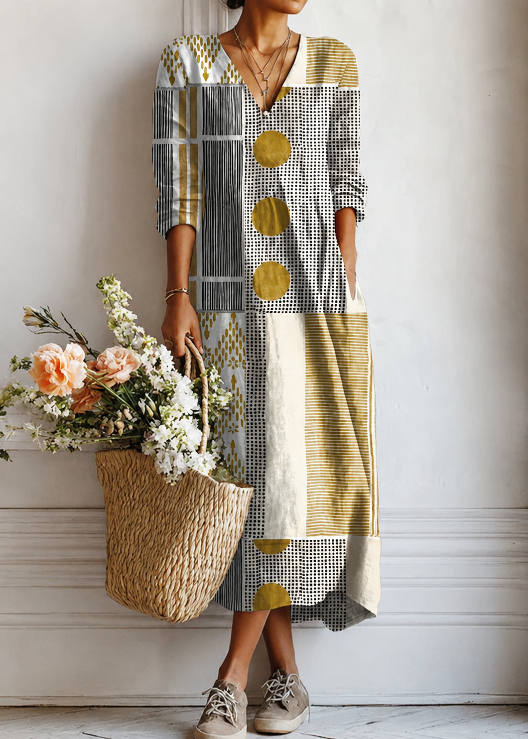 Geometric Polka Dot Print Long Sleeve Maxi Dress