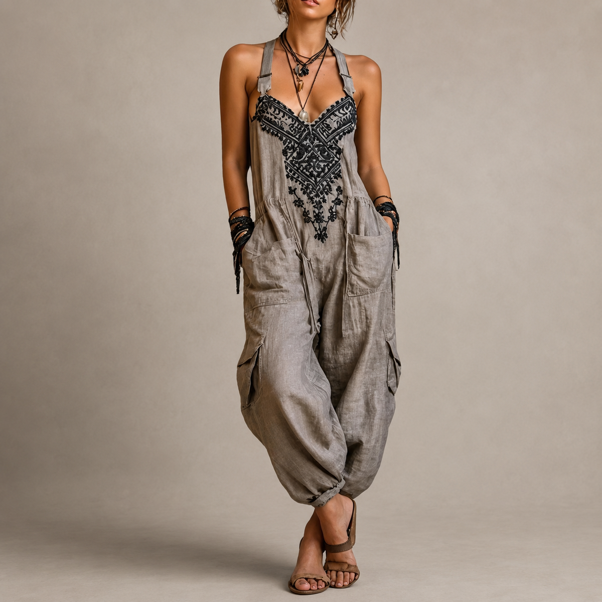 Embroidered Bodice Halter Neck Cargo Harem Jumpsuit 3