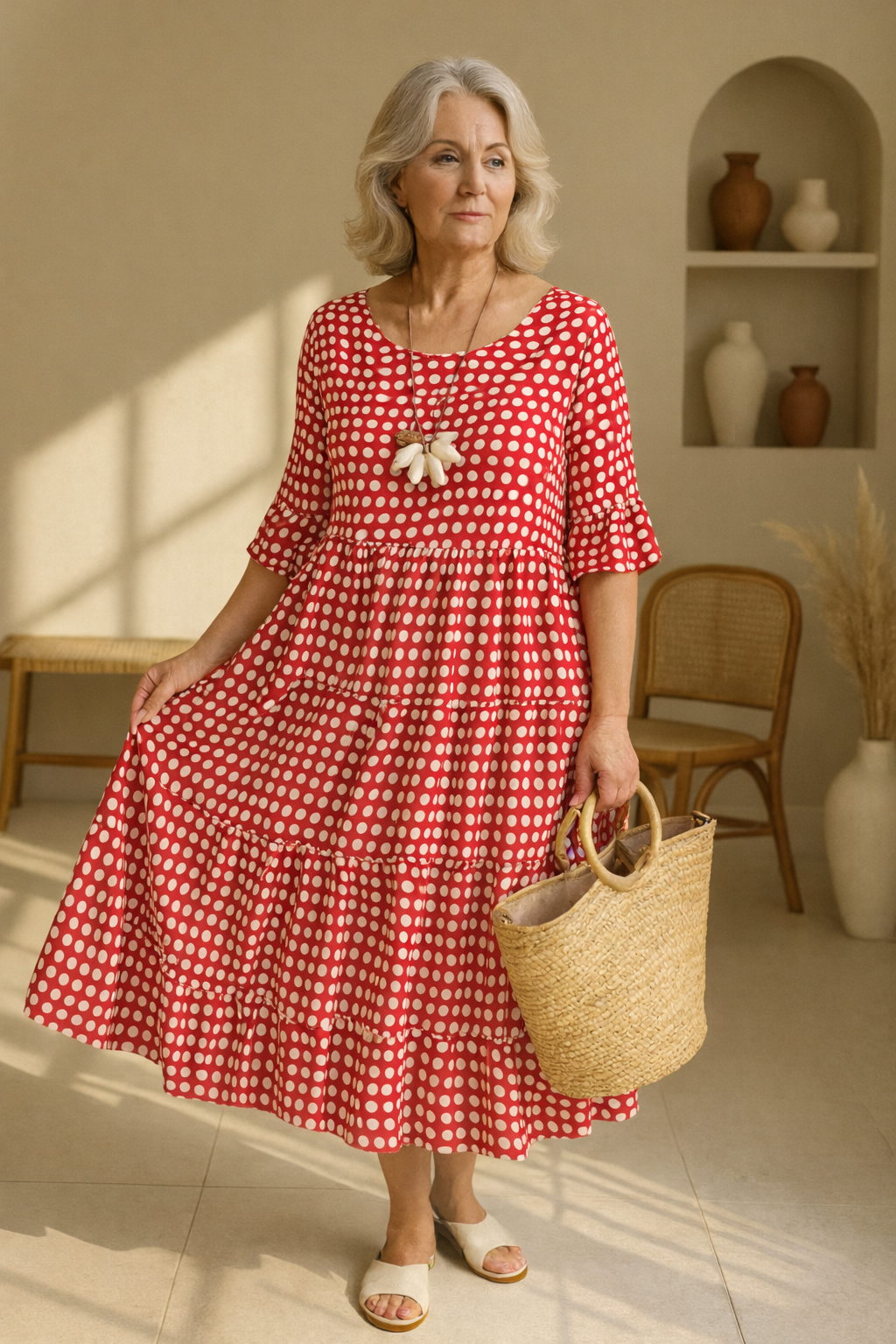 Polka Dot Scoop Neck Short Sleeve Tiered Midi Dress