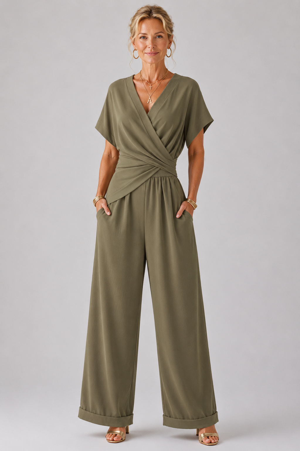 Twist Front Short Sleeve Top and Wide Leg Pants Two Piece Set 9