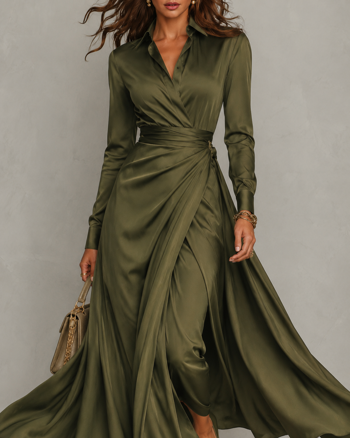 Collared Long Sleeve Ruched Wrap High Split Satin Maxi Dress 5