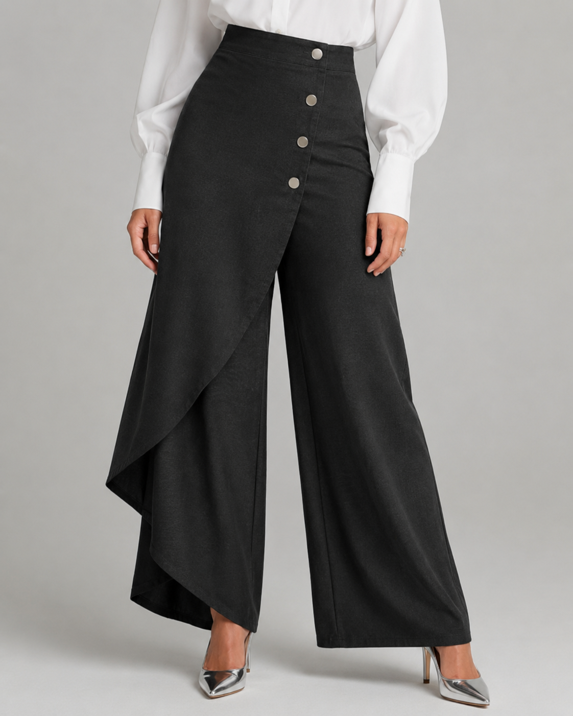 Button Front Wrap Wide Leg Denim Trousers 5