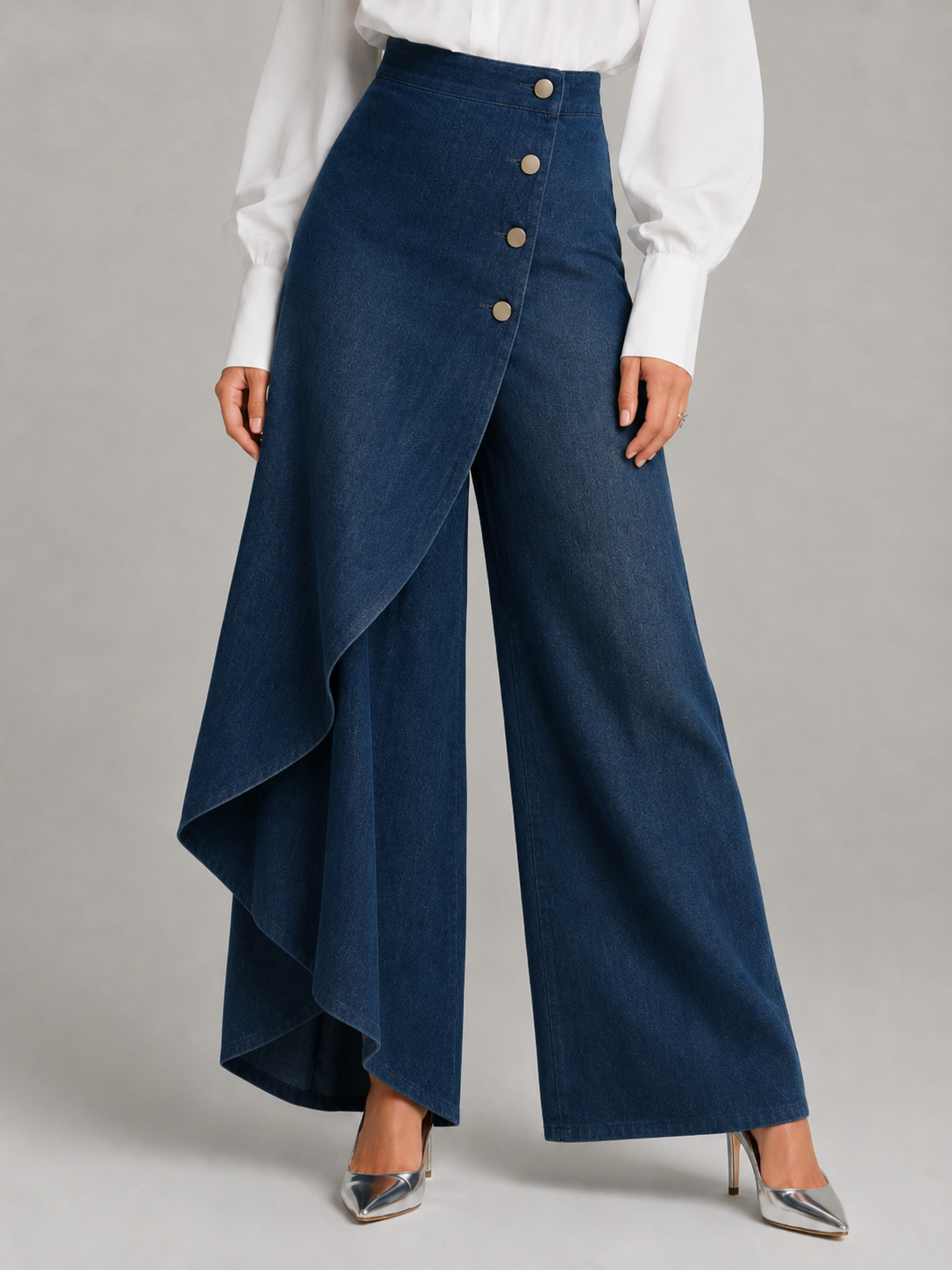 Button Front Wrap Wide Leg Denim Trousers 4