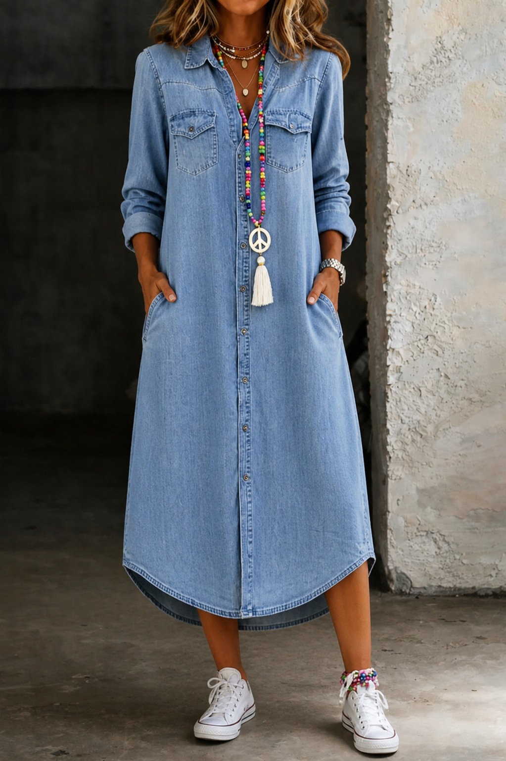 Button Front Collared Long Sleeve Denim Midi Shirt Dress 3