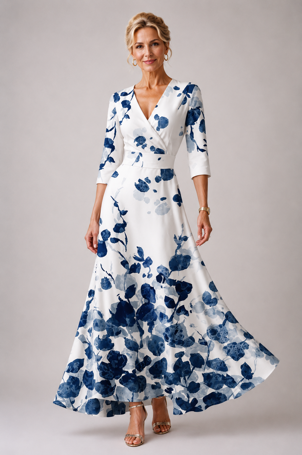 Floral V-Neck Long Sleeve Belted A-Line Maxi Dress 2