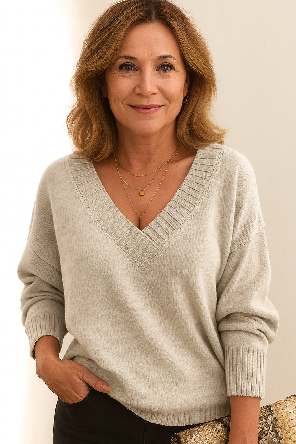 Deep V-Neck Ribbed Trim Drop Shoulder Sweater 7