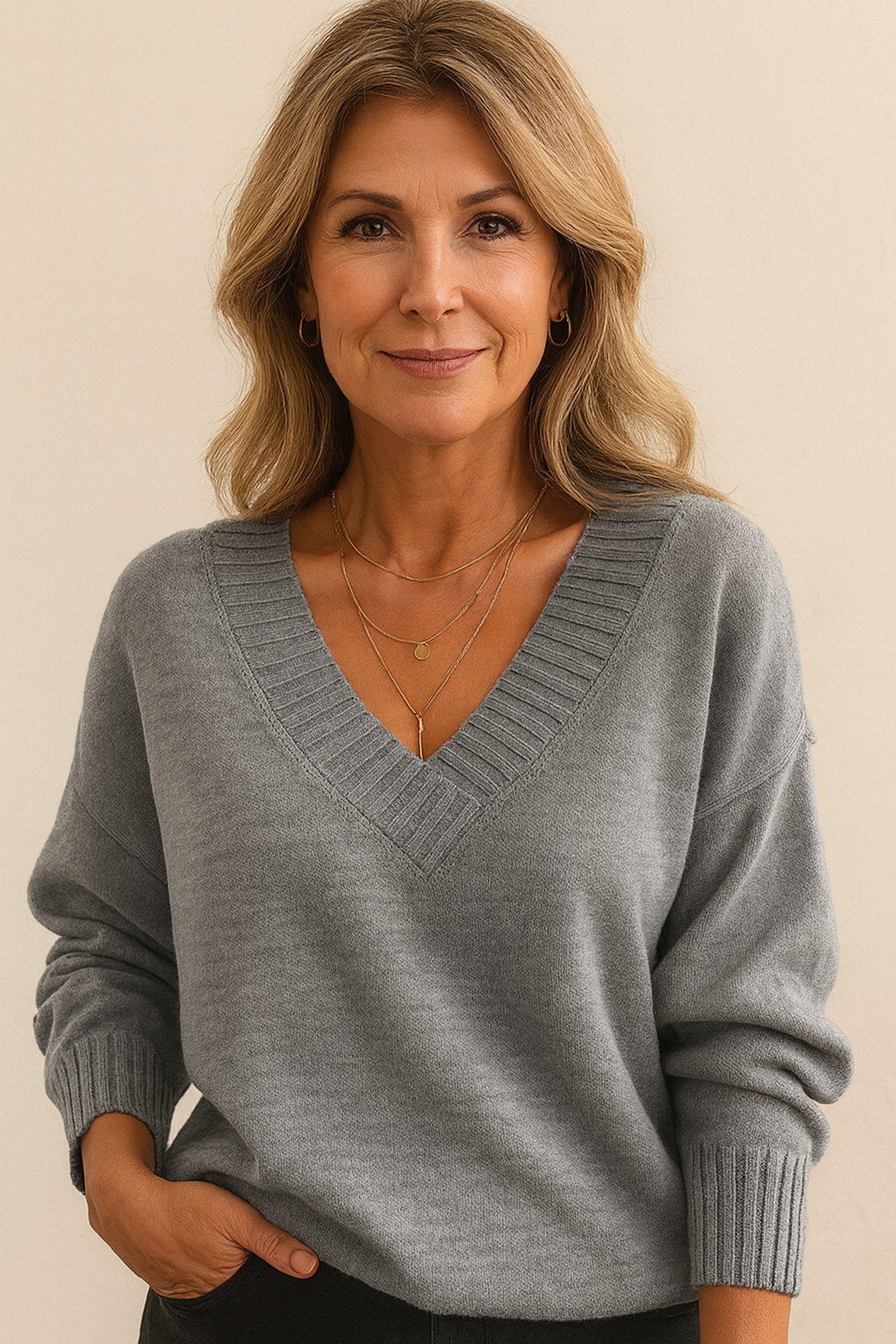 Deep V-Neck Ribbed Trim Drop Shoulder Sweater 9