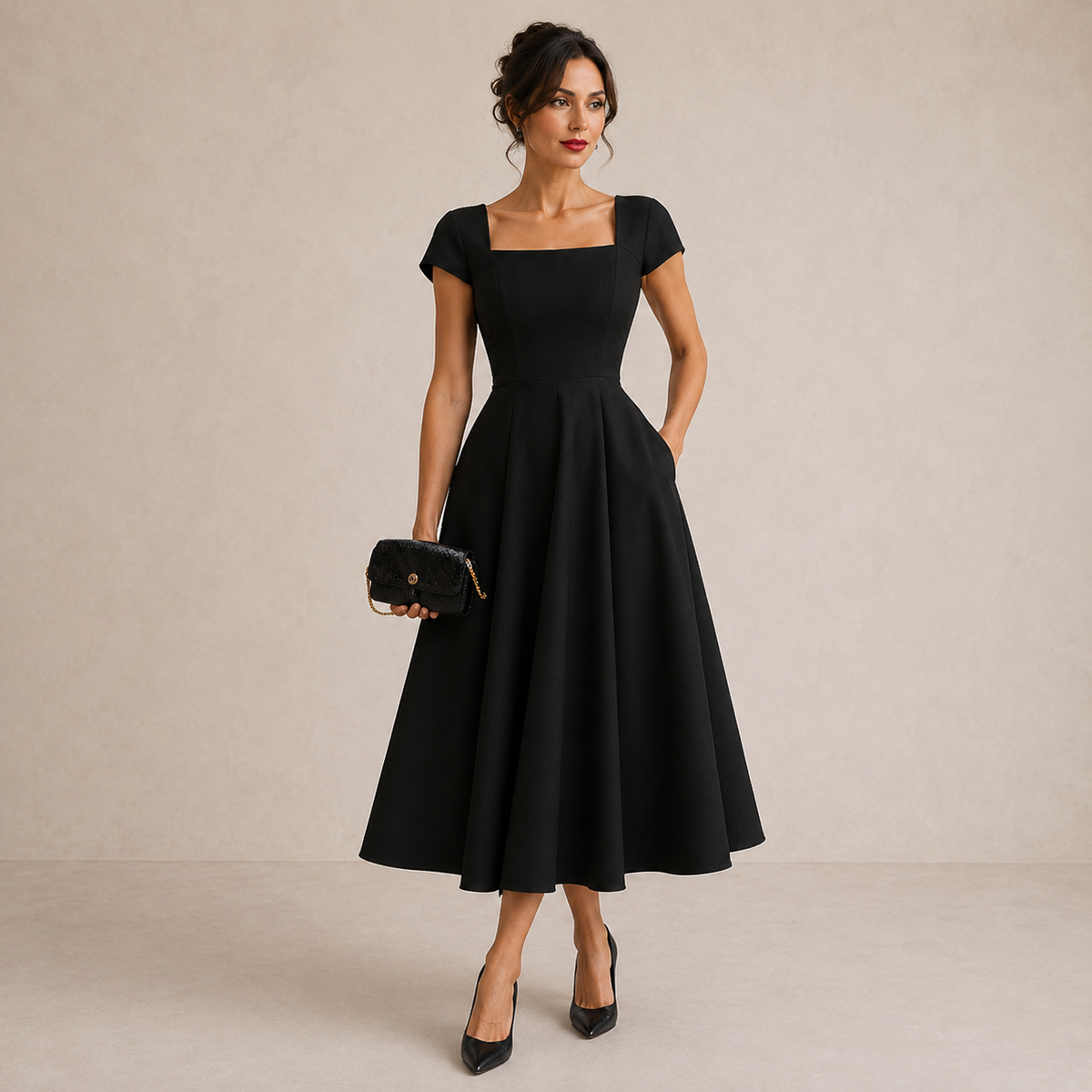 Square Neck Cap Sleeve Pocket Fit and Flare Midi Dress