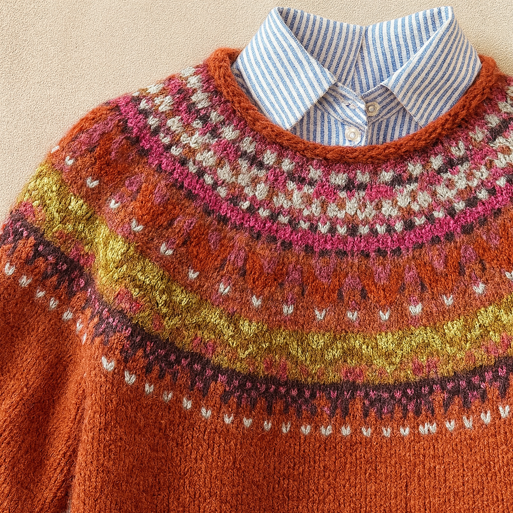 Fair Isle Crew Neck Long Sleeve Knit Sweater 2