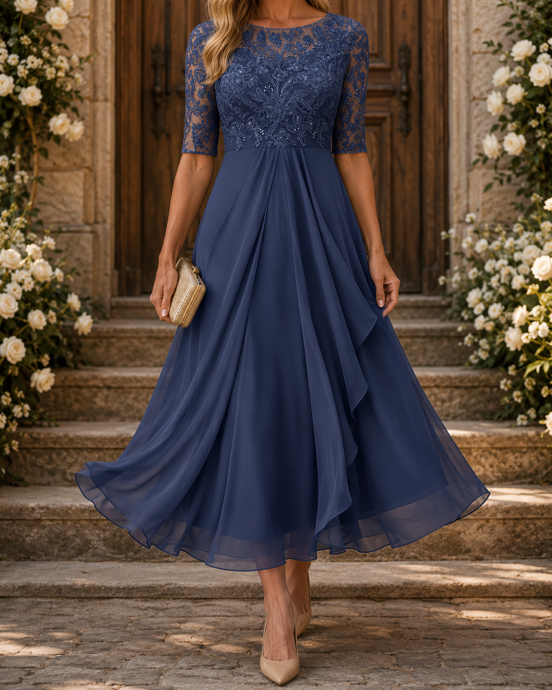 Lace Bodice Half Sleeve Chiffon Draped Formal Midi Dress 5