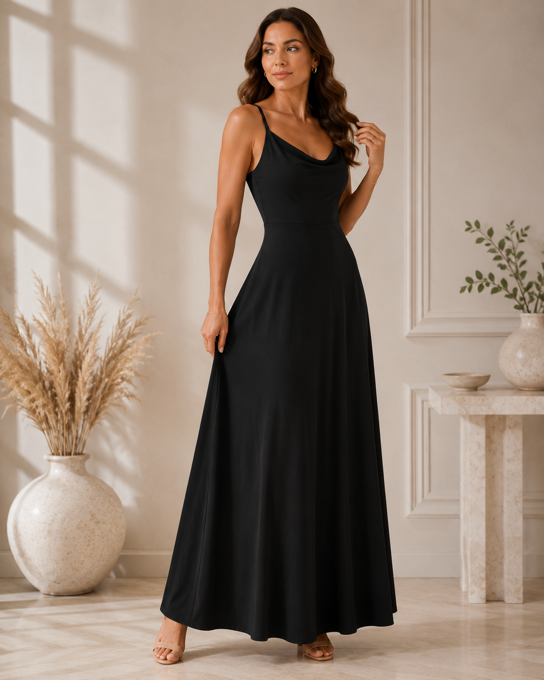 Cowl Neck Spaghetti Strap A-Line Maxi Dress 10