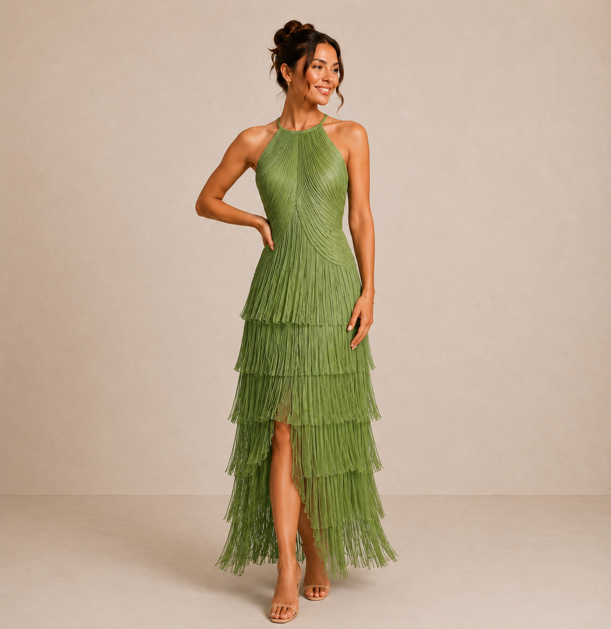 Tiered Fringe Halter Neck High Split Maxi Dress
