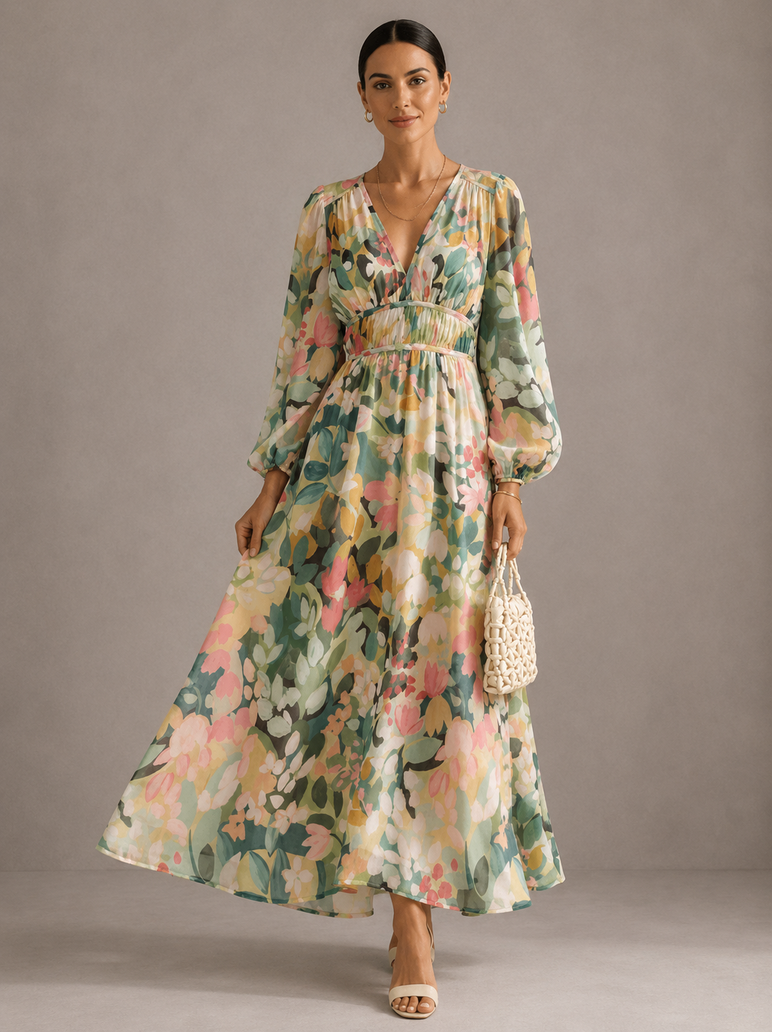 Floral Chiffon V-Neck Long Sleeve Ruched Waist Maxi Dress