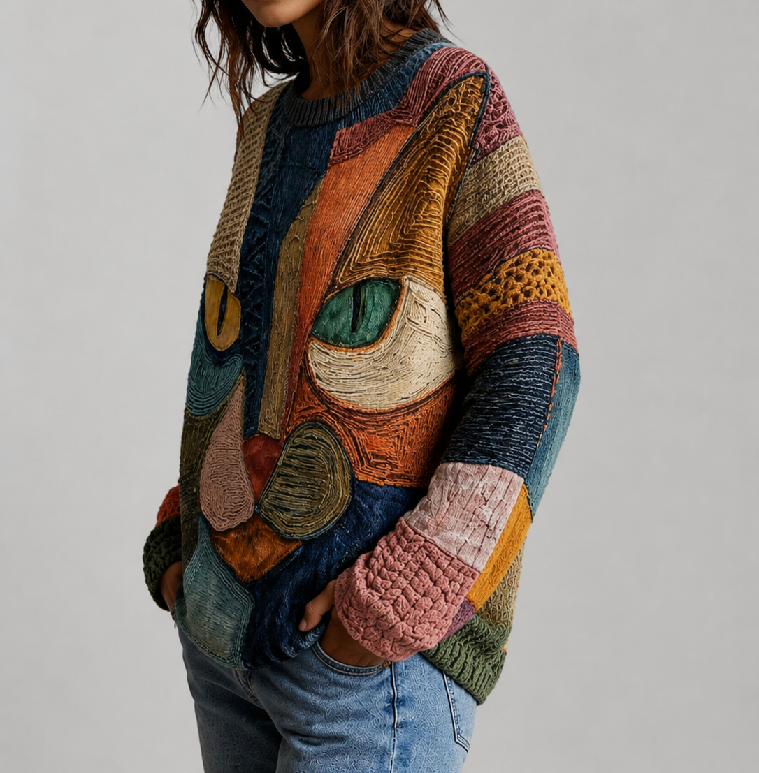 Abstract Cat Face Crew Neck Sweater 3