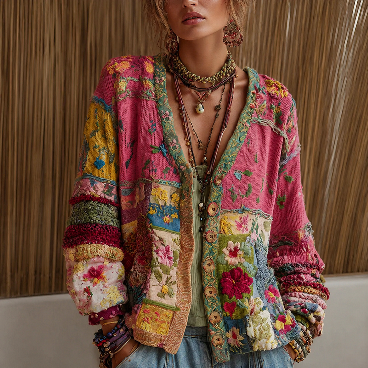 Floral Patchwork Embroidered Open Front Knit Cardigan