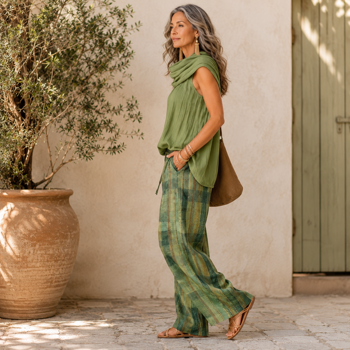 Cowl Neck Sleeveless Top and Plaid Wide Leg Pants Two Piece Set 3