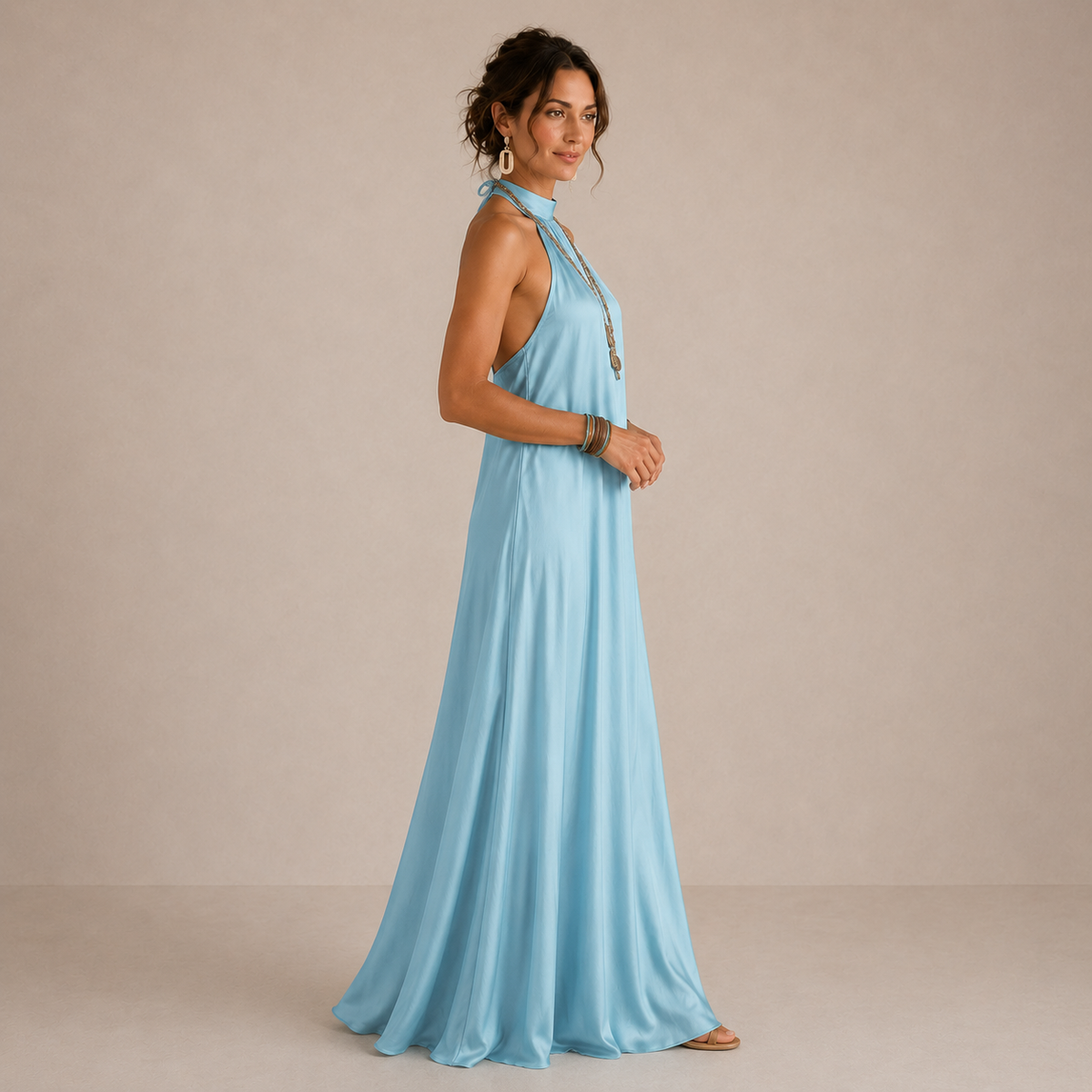 Satin Halter Neck Sleeveless Flowy A-Line Maxi Dress 2