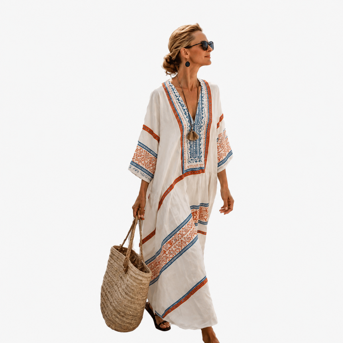 V-Neck Wide Sleeve Bohemian Print Kaftan Maxi Beach Dress
