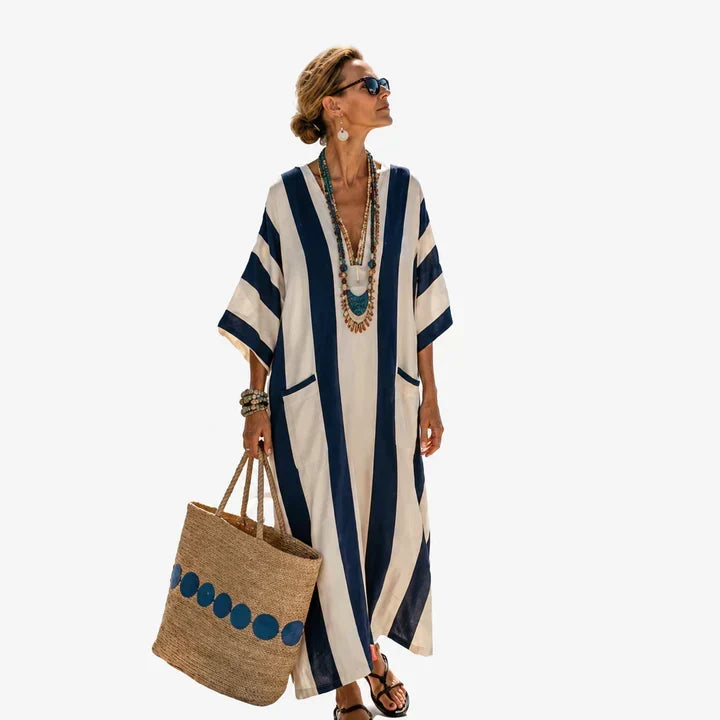 Striped V-Neck Kimono Sleeve Maxi Caftan Dress