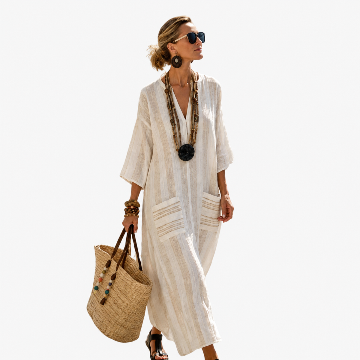 Striped V-Neck Pocket Kaftan Maxi Dress
