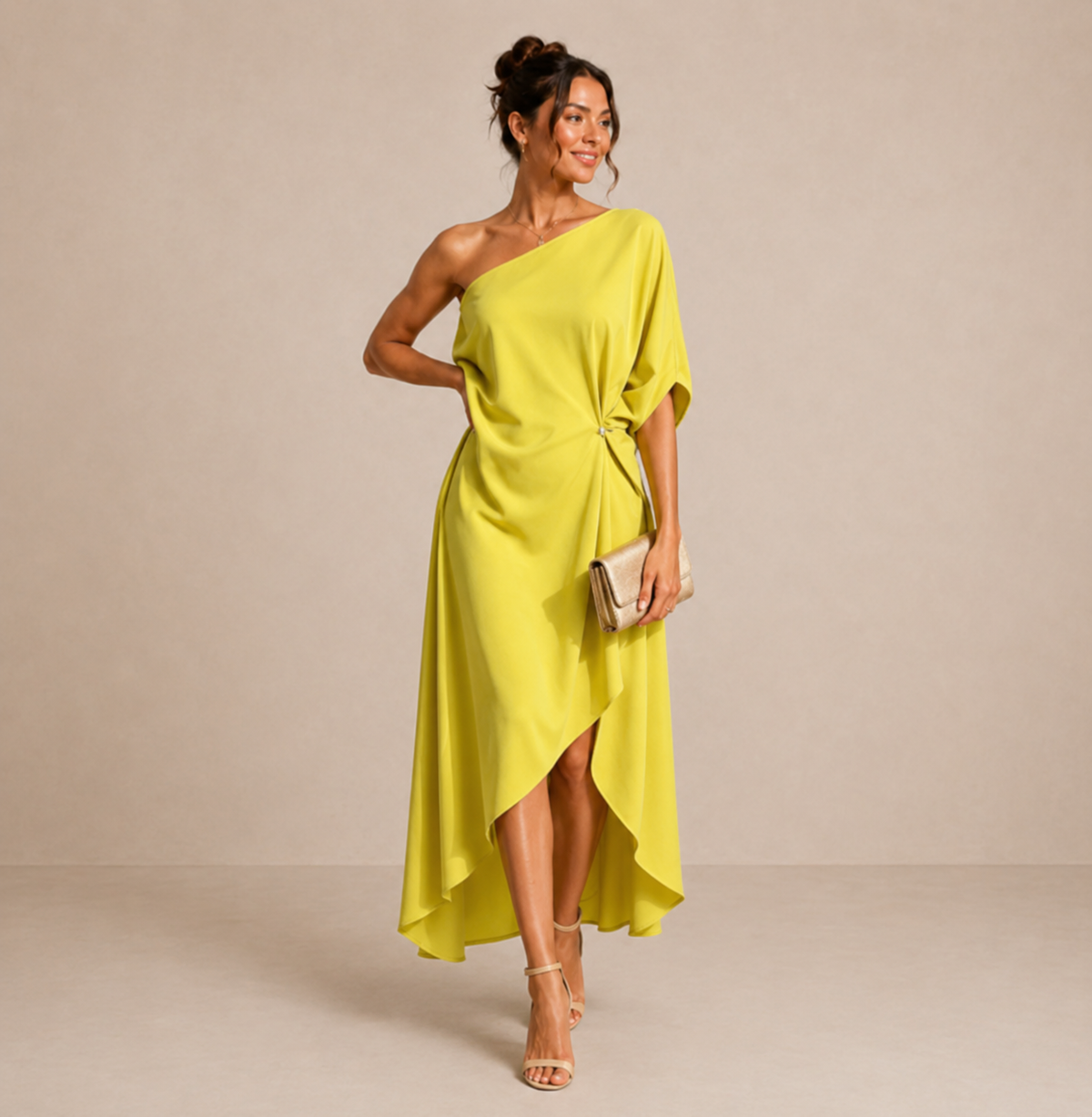 One Shoulder Draped Satin High Low Midi Dress