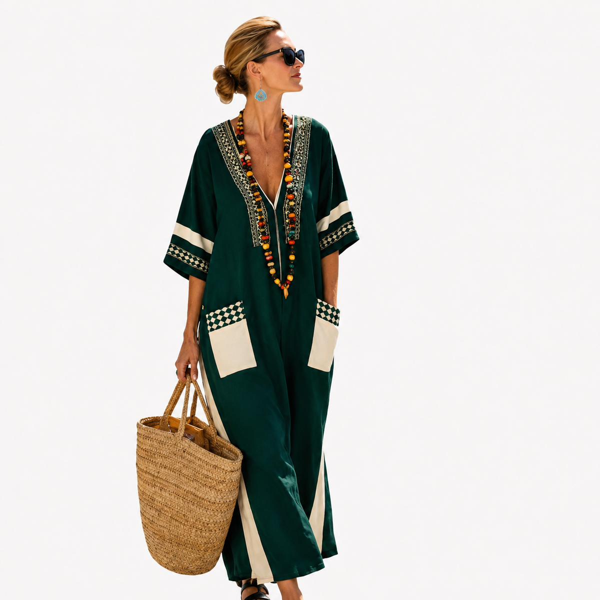 Embroidered Trim Deep V-Neck Batwing Maxi Kaftan Dress