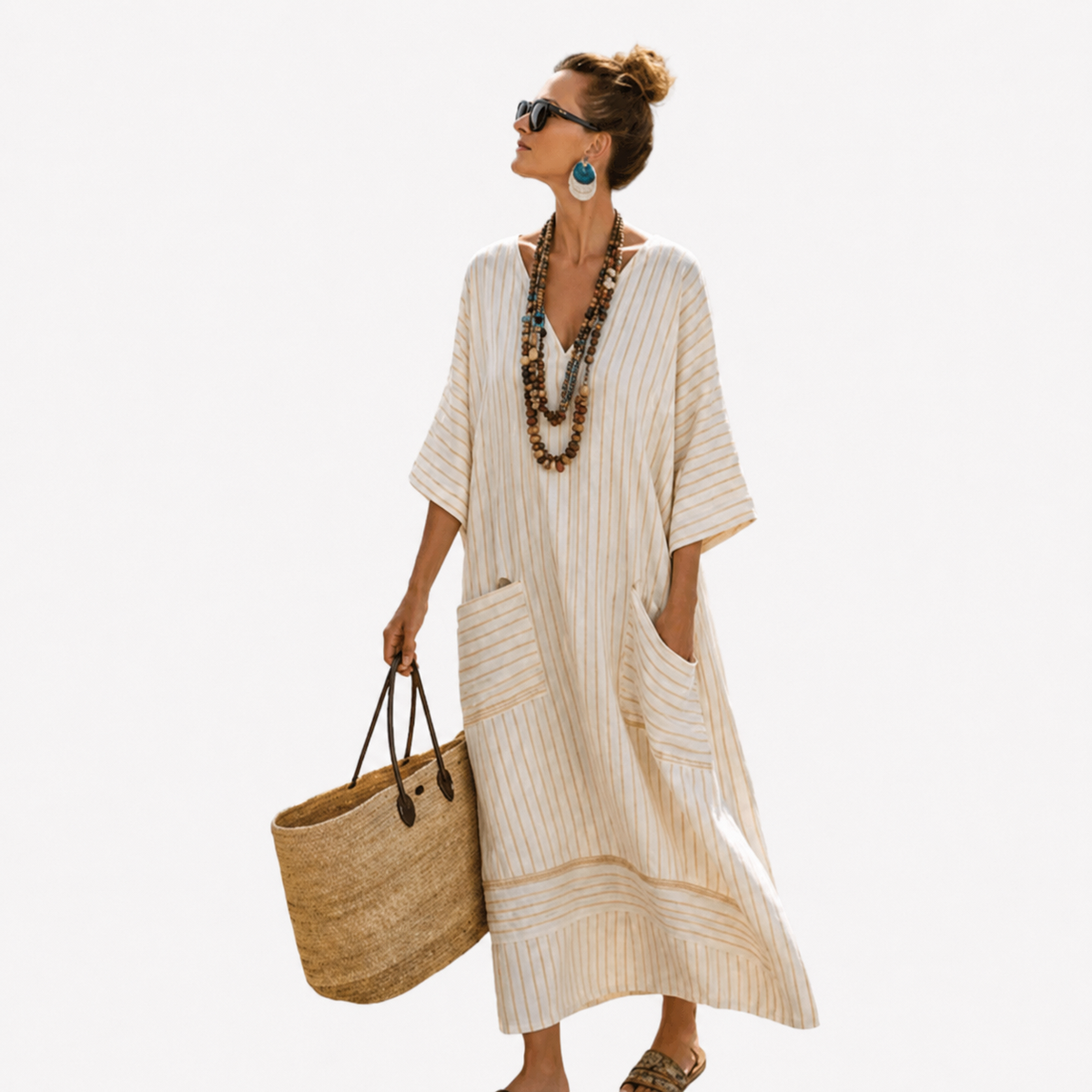 Vertical Stripe Pocket V-Neck Batwing Maxi Kaftan Dress