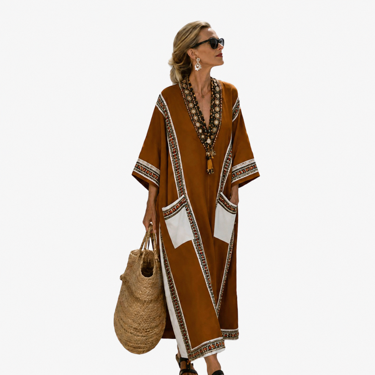 V-Neck Embroidered Border Kaftan Maxi Dress