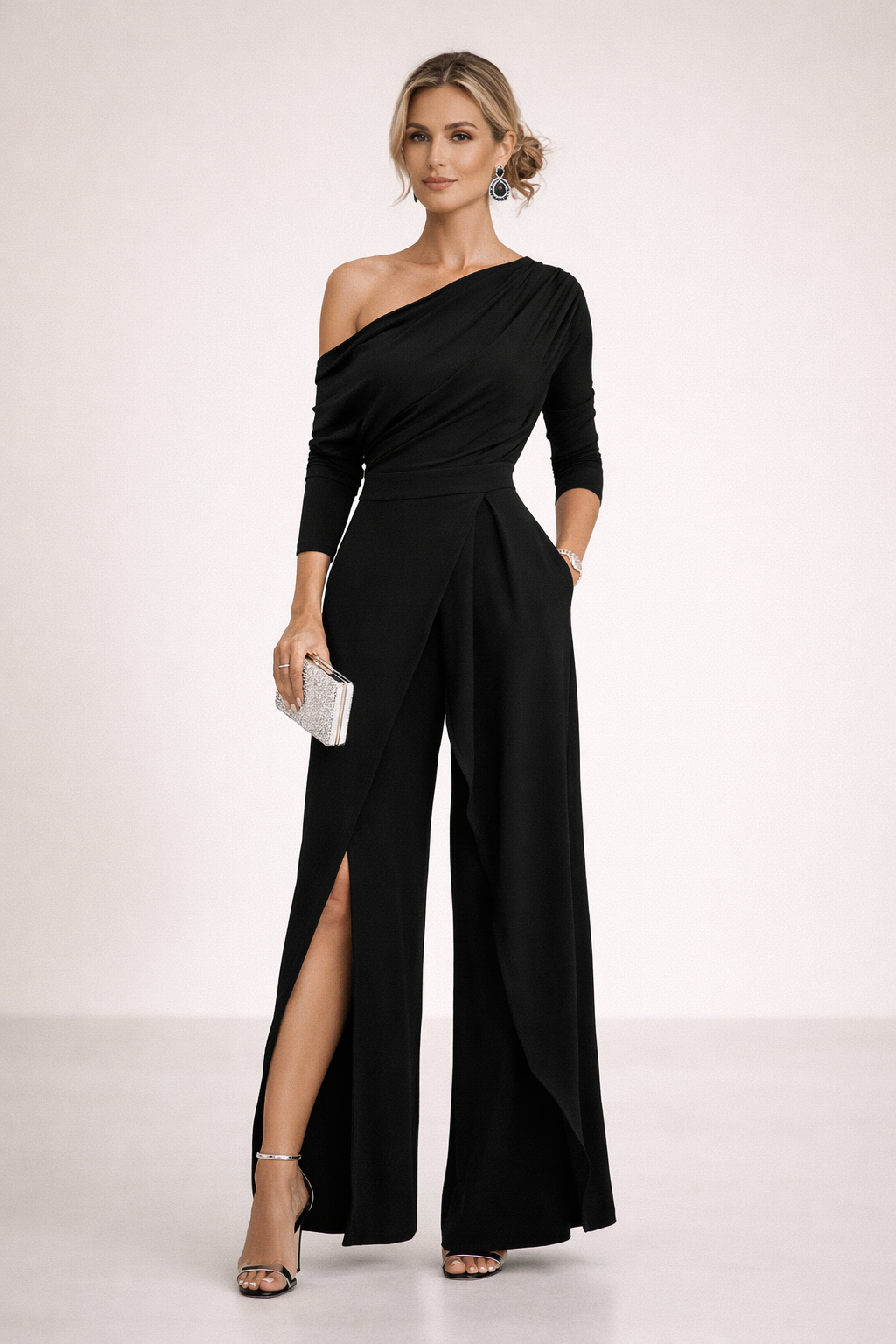 One Shoulder Long Sleeve Wide Leg Slit Jumpsuit