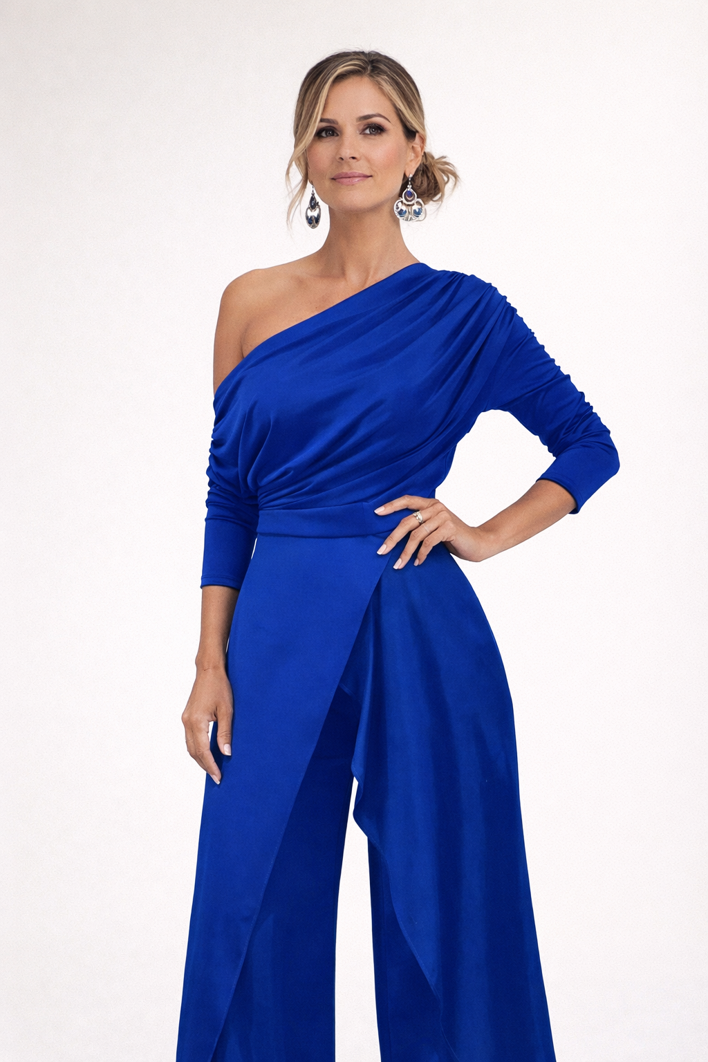 One Shoulder Long Sleeve Wide Leg Slit Jumpsuit 7