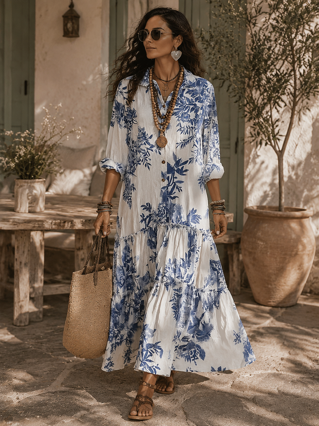 Collared Button Front Floral Tiered Maxi Shirt Dress 5