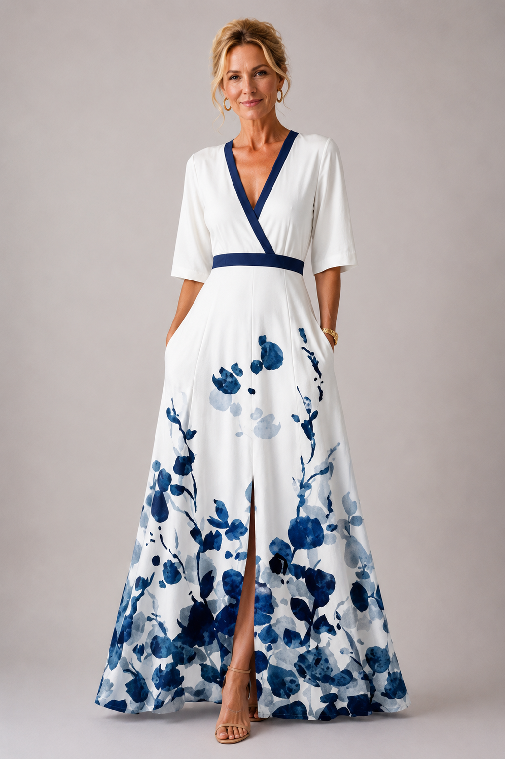 Floral Satin Wrap V-Neck Three Quarter Sleeve Maxi Dress 7
