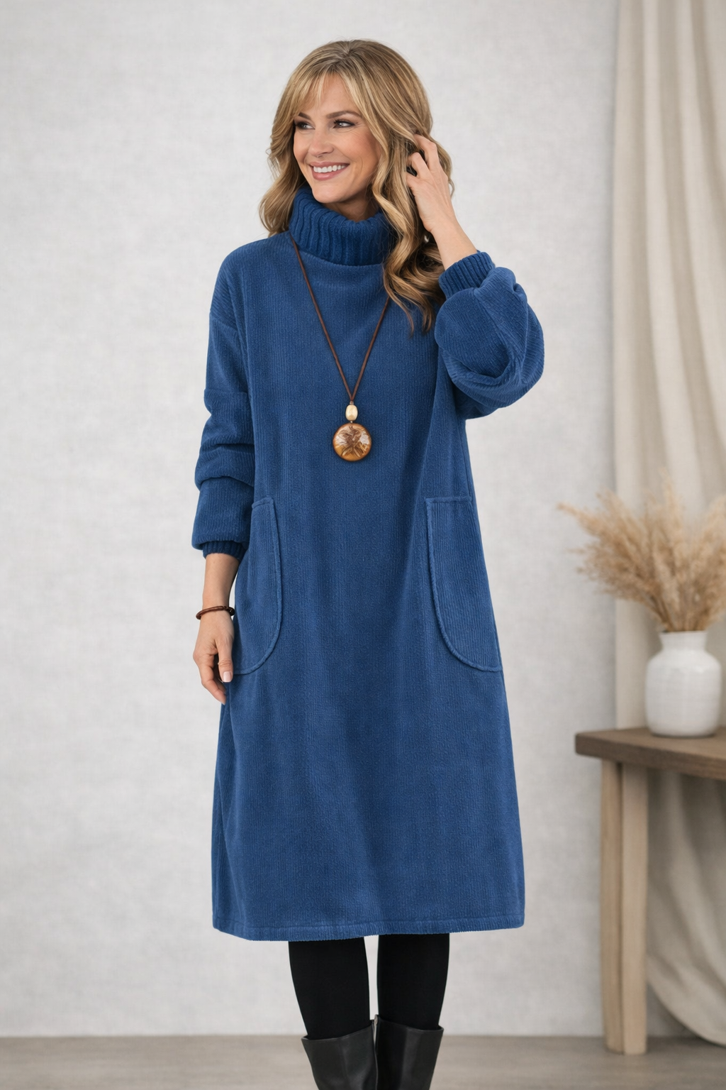 Turtleneck Long Sleeve Corduroy Pocket Midi Dress 3