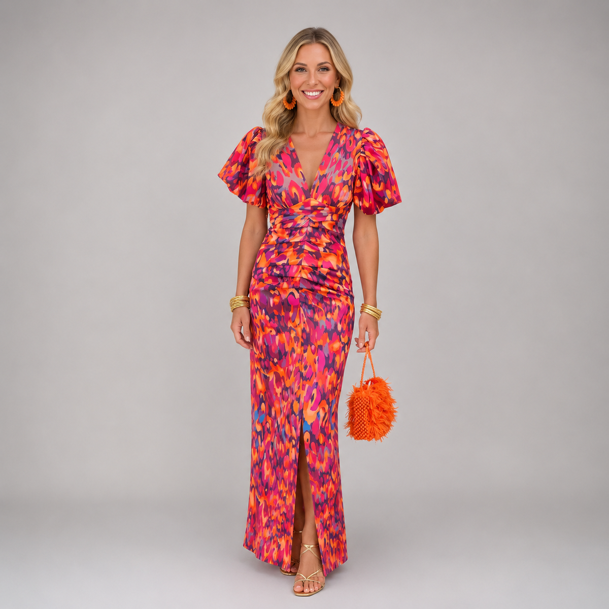 Printed Puff Sleeve V-Neck Ruched High Split Maxi Dress 3