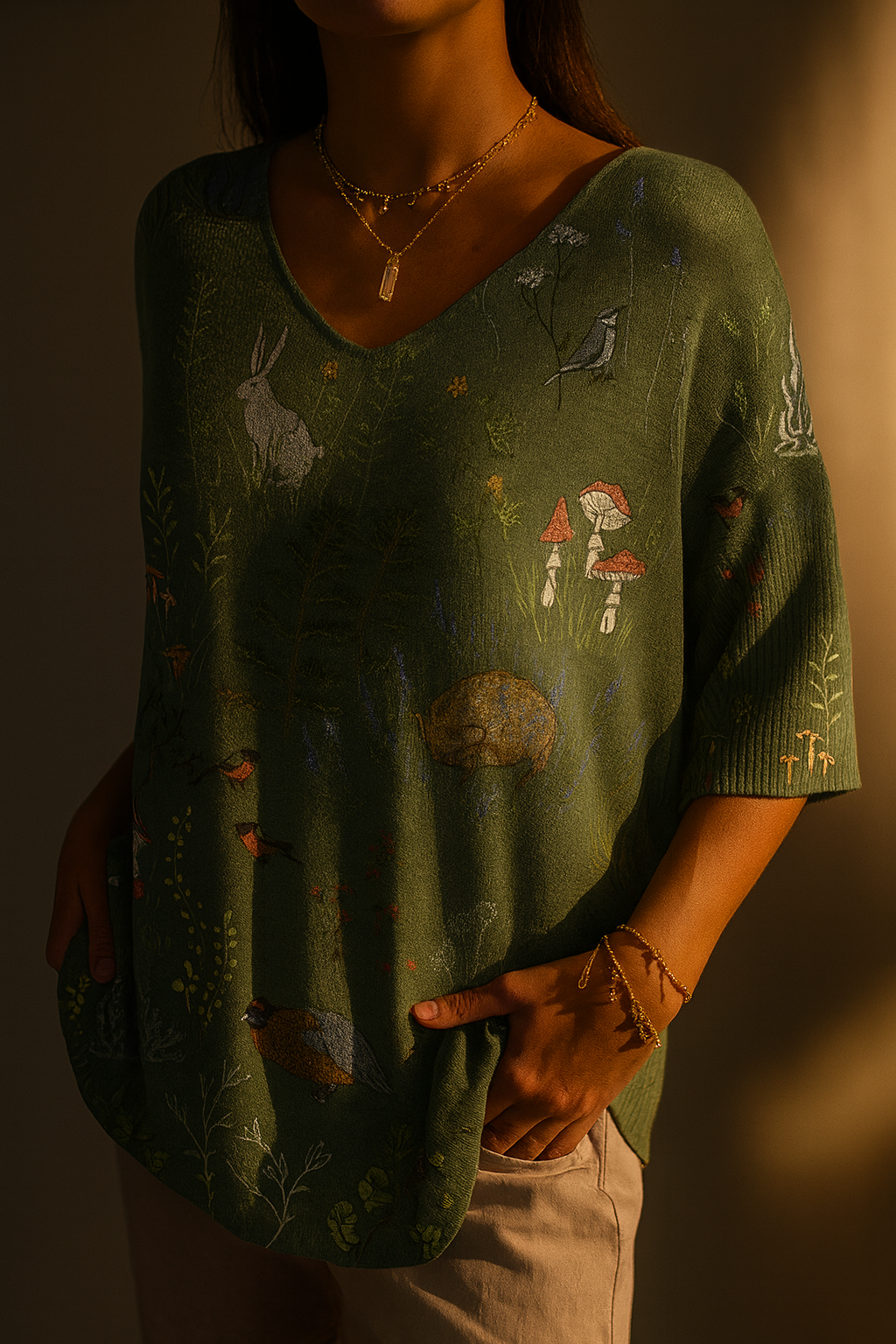 Woodland Animal Print V-Neck Half Sleeve Top 2